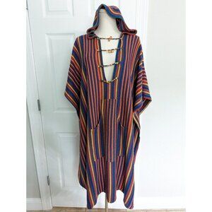 Vtg 70s Unisex Offspring Trisha Sayad Striped Hooded Caftan Poncho Cardigan Boho